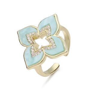 GOLD BLUE CZ ARCYLIC FLORETTE ADJUSTABLE RING